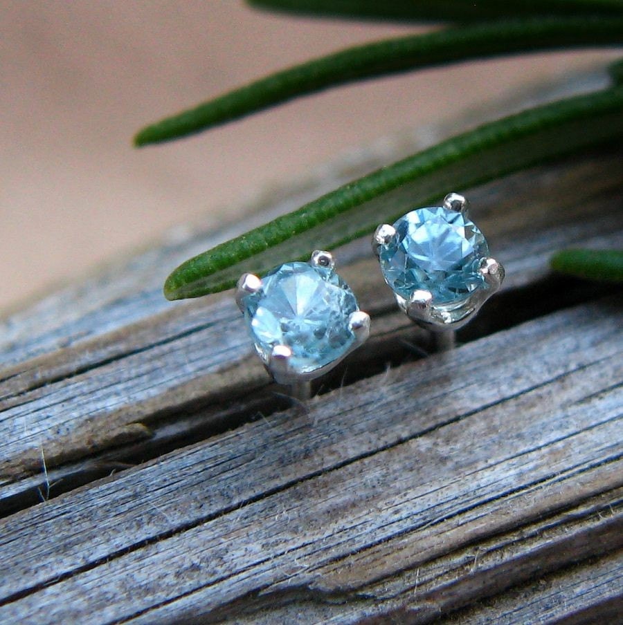 Blue Zircon Stud Earrings, Sterling Silver with Genuine Gemstones, 3mm