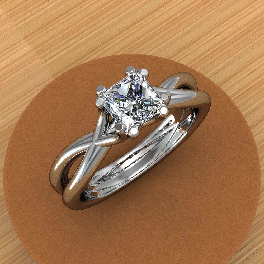 Platinum Princess Cut Diamond Engagement Ring, Split Shank, Half Carat
