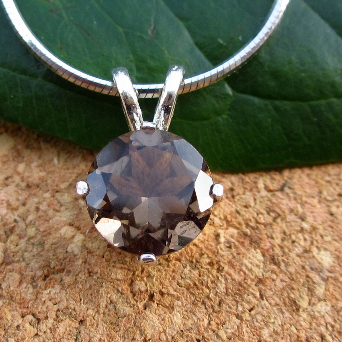 Smoky Quartz Pendant in Sterling Silver, Genuine Gemstone, Round 8mm