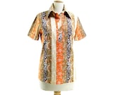 Vintage Tee Shirt 70s Polo Sporty Floral Stripe Orange Brown Beige New