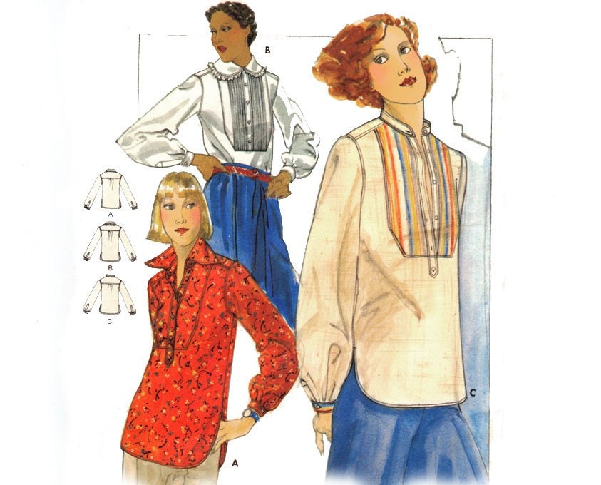 Vintage Blouse Sewing Pattern Ethnic Tunic Pin Tuck Bib Tuxedo Ruffle