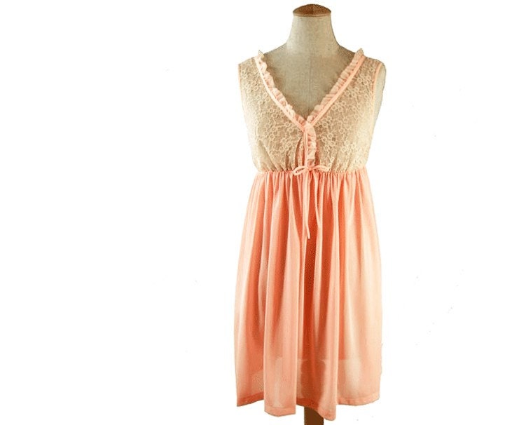 Vintage 1960s Nightgown Empire Waist Sheer Shortie Pink Illusion Lace Large