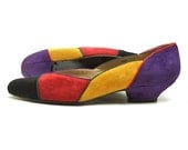 80s Vintage Suede Shoes Colorful Red Yellow Purple Black Pumps 8 1/2
