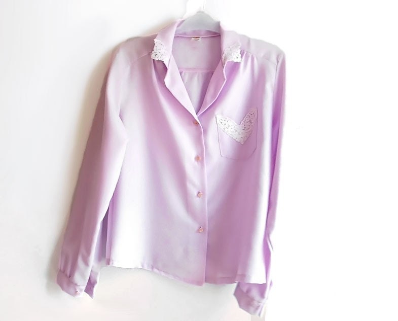 1980s Vintage Lavender Blouse White Lace Sexy Secretary Medium Large