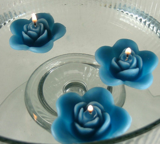 12 Teal floating rose wedding candles for table centerpiece and reception decor.