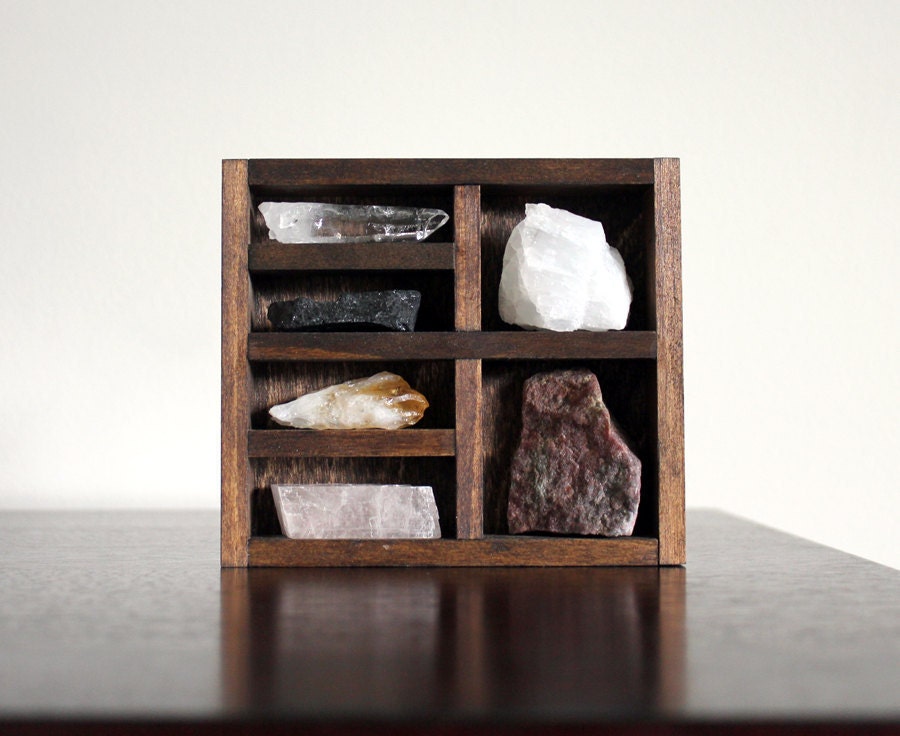 Stone and Crystal Set and Miniature Wood Curio Shelf Instant Collection