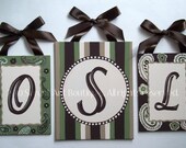 Paisley Stripe olive green brown custom canvas letter sign art Monogram Set baby nursery BOY personalized  tan cream