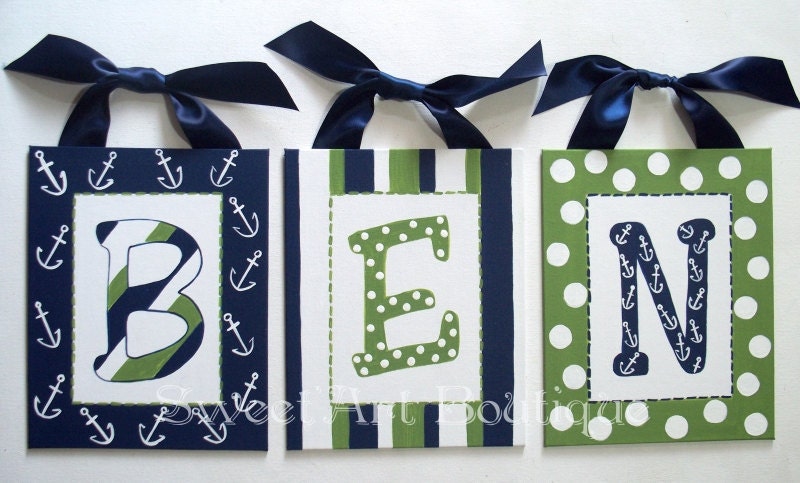 Nautical Blue Green custom 6x8 canvas letter name sign wall monogram initial art baby nursery white anchor dots stripes sail sea