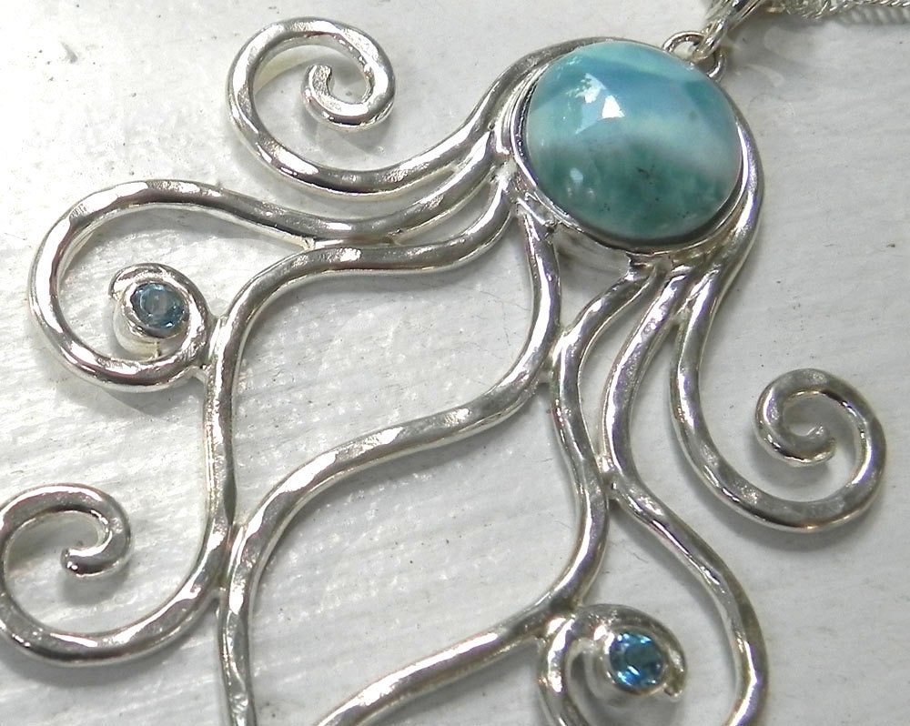 Octopus Necklace - Larimar Octopus Pendant - Statement Necklace - Unique Sterling Silver Octopus Jewelry - Ocean Blue