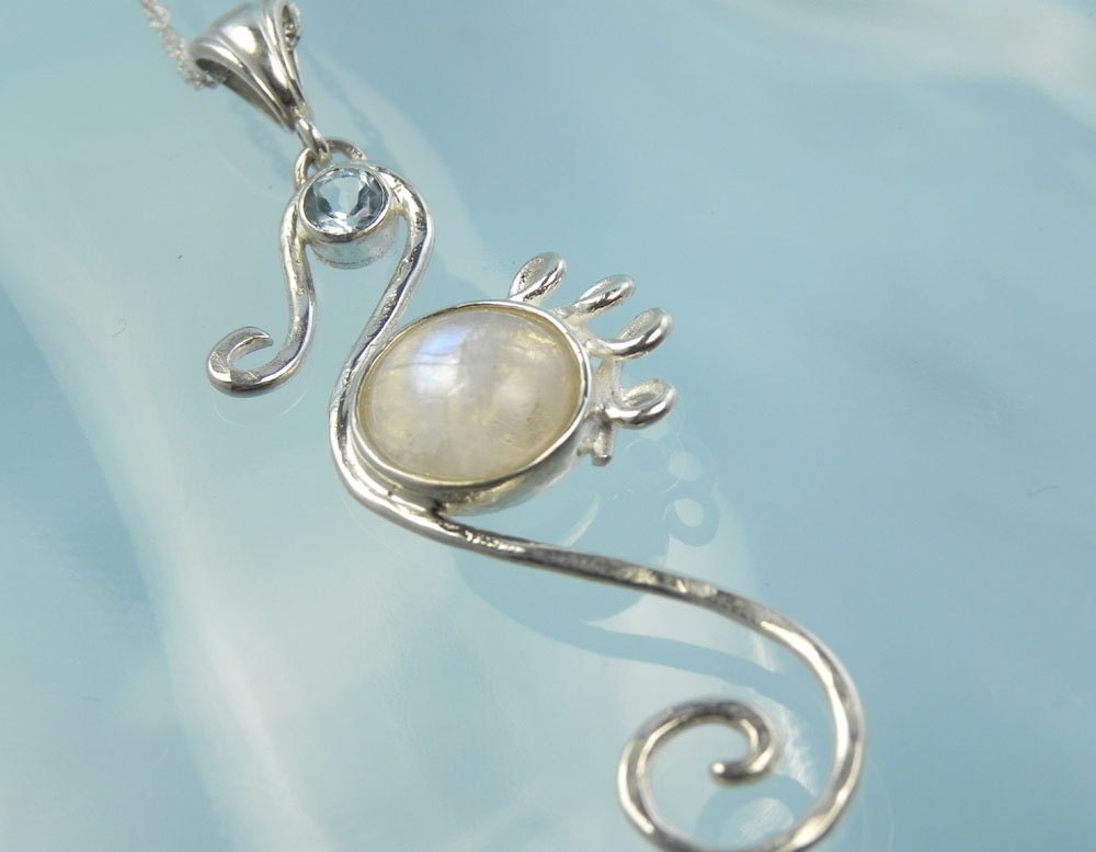 Seahorse Necklace - Seahorse Pendant Moonstone Necklace - Rainbow Moonstone Sea Horse Pendant - Ocean Inspired Unique Seahorse Jewelry