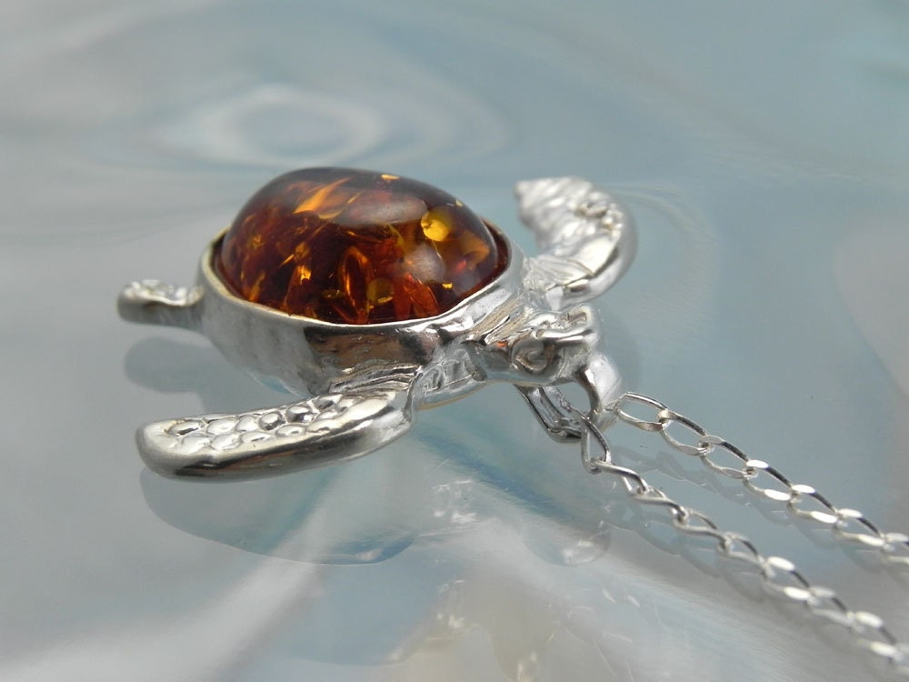 NECKLACE - Sea Turtle Amber Necklace - Sterling Silver Baltic Amber Necklace - Sea Turtle Jewelry - Ocean Inspired