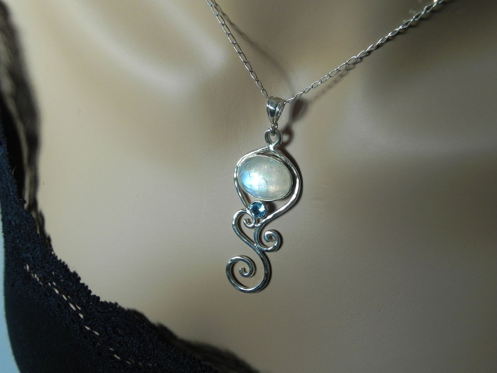 Moonstone Necklace - Rainbow Moonstone Blue Topaz Pendant -  Sterling Silver Swirl Gemstone - Moonstone Topaz Jewelry - Winter Blue Ice