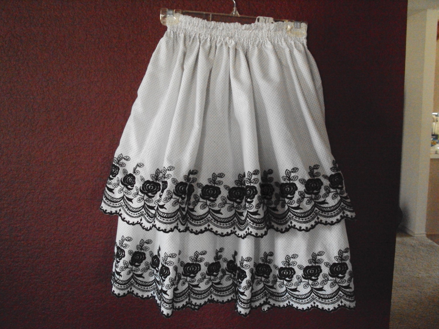 Victorian, prairie party skirt, modern style, preppy,  girls  beautiful gathered  embroidered flowers on white pin dots   child  costume