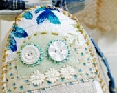 Primitive blue hand stitched vintage fabric softie with vintage button eyes - Molly Coddle