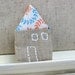 Creamy Soft Linen Vintage Fabric House brooch pin with tiny stitched doors and windows