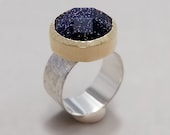 Silver Gold Ring With Blue Goldstone - Sterling Silver with 14k Gold - Royal Ring