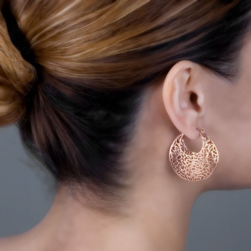 Rose Gold Lace Earrings - Large Rose Basket Earrings - Handmade 18k Rose Gold Plated Jewelry