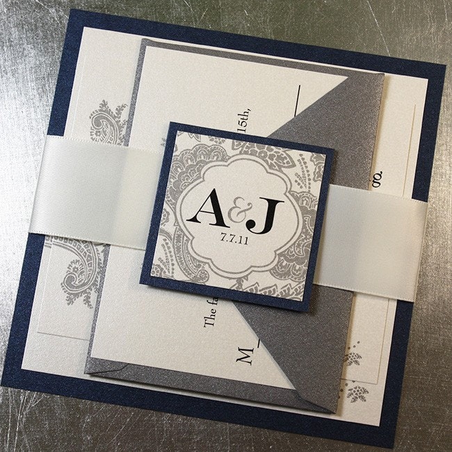 Midnight Silver Bellevue Wedding Invitation Suite - Ribbon Belly Band - Sample Kit