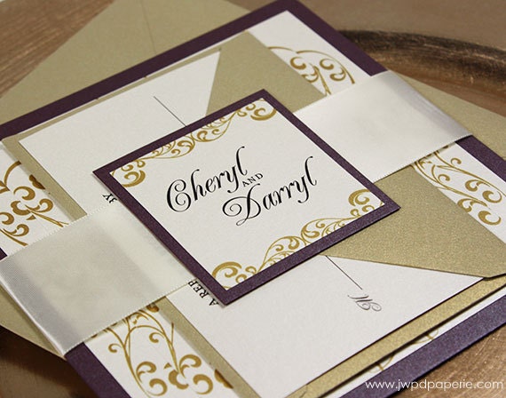Wedding Invitation Gold Purple Wedding Invitation Wellington Wedding Invitation Suite - Ribbon Belly Band - Sample Kit