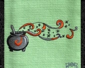 Lime Green Tea Towel Embroidered with Cauldron