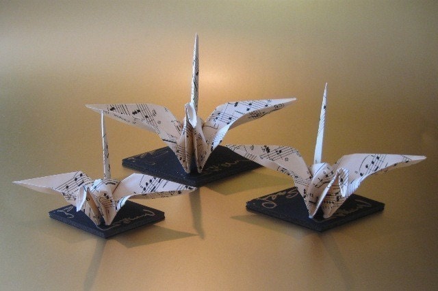Musical Crane Family, A Set of Three Little Cranes Crafted With Sheet Music