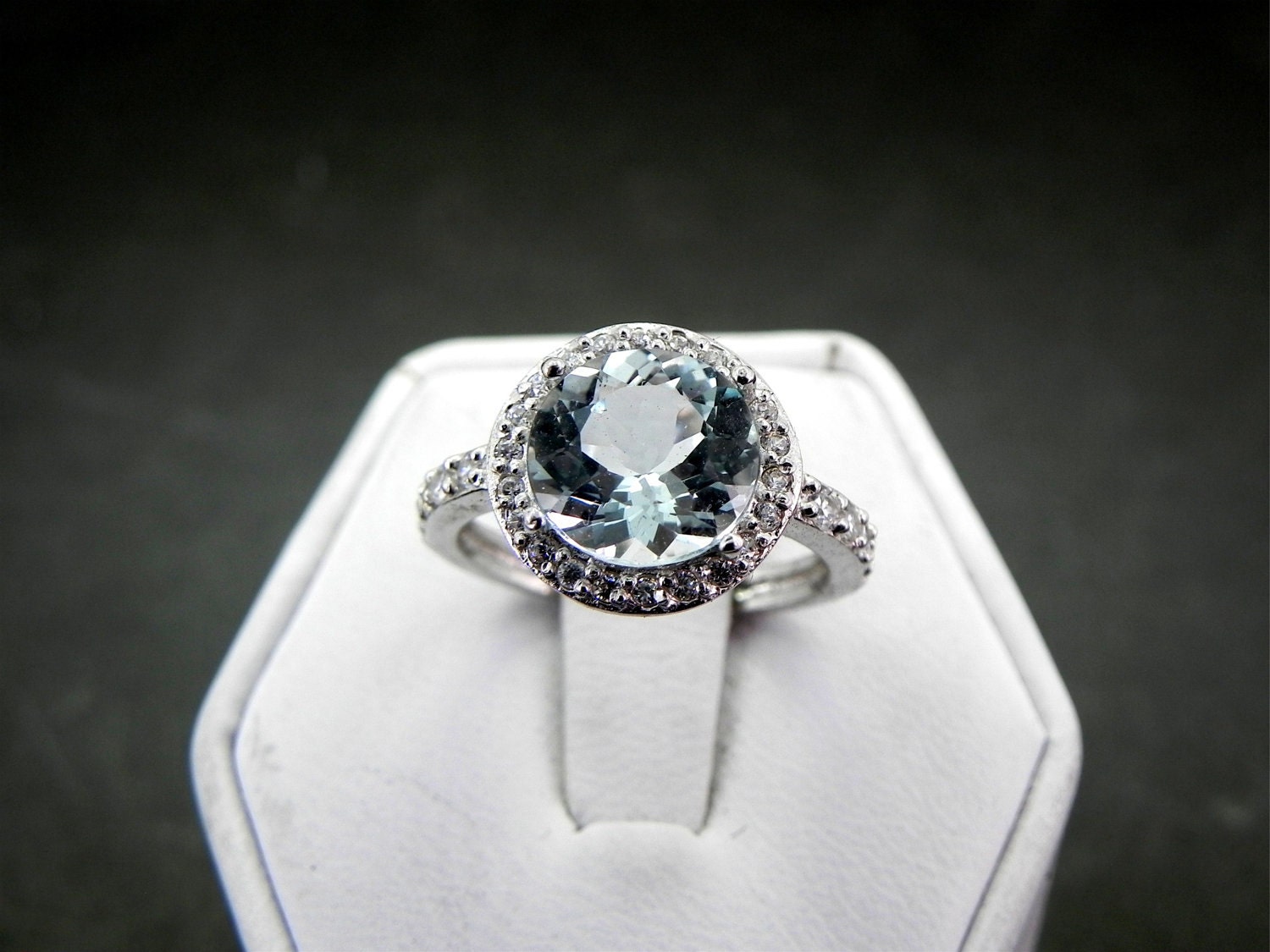 PRICE REDUCED  9mm Round Natural Aquamarine (2.21ct) set in 14K white gold Halo engagement ring with .30 carats of diamonds 0968