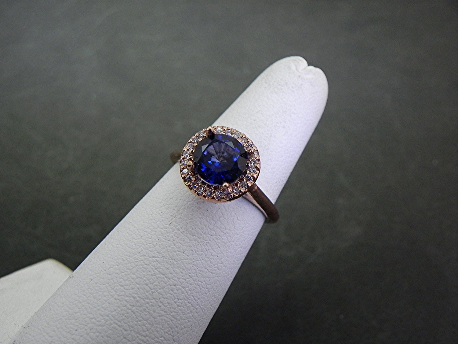 7.0mm 1.67 Carat AAA Lab Blue Sapphire 14K rose gold Diamond ring (.20carats) 1005