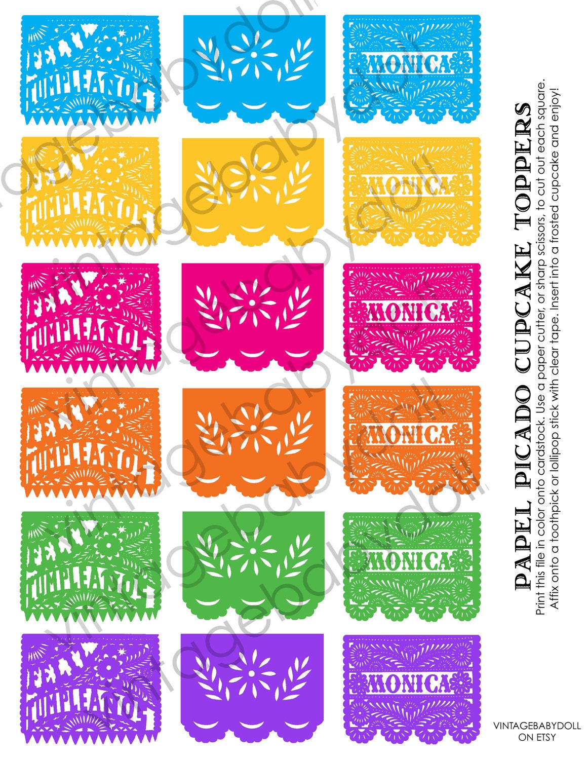 Papel Picado Feliz Cumpleanos Happy Birthday Cupcake Toppers Favor Tags SPRING colors - Personalized-I design, You Print