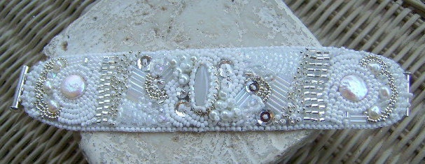 Extravagantly Elegant White Swarovski Embroidered Special Occasion Bracelet-Weddings Bridal