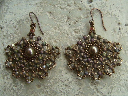 Beautiful Fan Shape Beaded Pearl Earrings Bronze Beauty