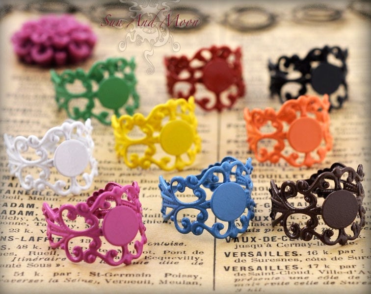 40 Fancy Filigree Ring Bases - Adjustable Rings - 10mm Pad Ring Blanks - Mix and Match - FRB