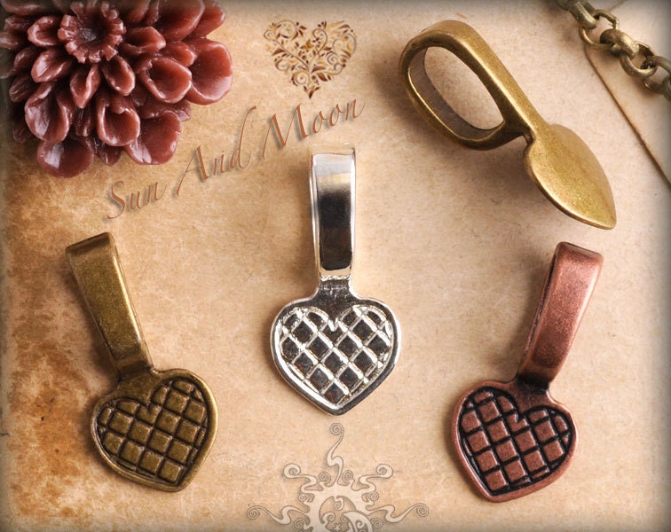 20 Sun And Moon MEDIUM Vintage Heart Bails - Mix And Match Glue On Pendant Bails for Jewelry