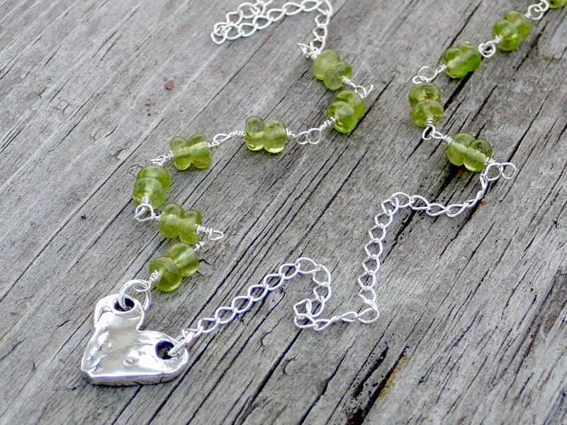 Peridot Rondelle Gemstone Wire Wrapped Sterling Silver Heart Pendant Necklace