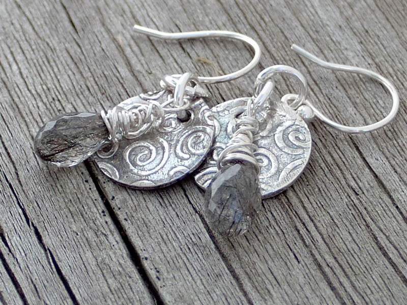Fine Silver Textured Disc Sterling Silver Wire Wrapped Tourmalinated Quartz Faceted Teardrop Briolette Earrings