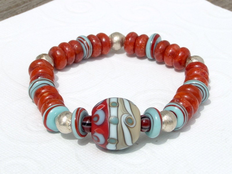 Lampwork Bead Coral Rondelle Stretch Bracelet