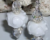 Lampwork Bead Sterling Silver Crystal Earrings - Alabaster Earrings