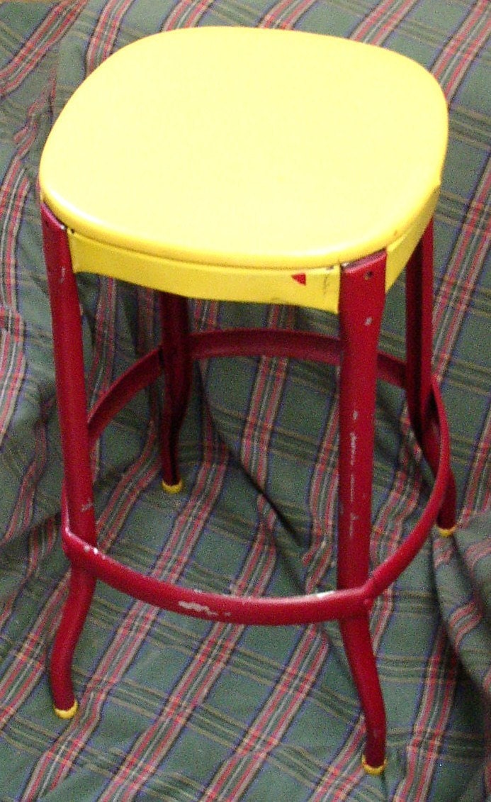 res4kathy Vintage METAL STOOL, CHAIR, Yellow & Maroon, vinyl, Industrial, retro decor, Cosco