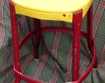 res4kathy Vintage METAL STOOL, CHAIR, Yellow & Maroon, vinyl, Industrial, retro decor, Cosco