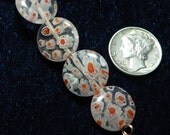 Vintage 14x4mm Millefiori Flat Round Orange-Red Multi Flower Glass Beads  (12)