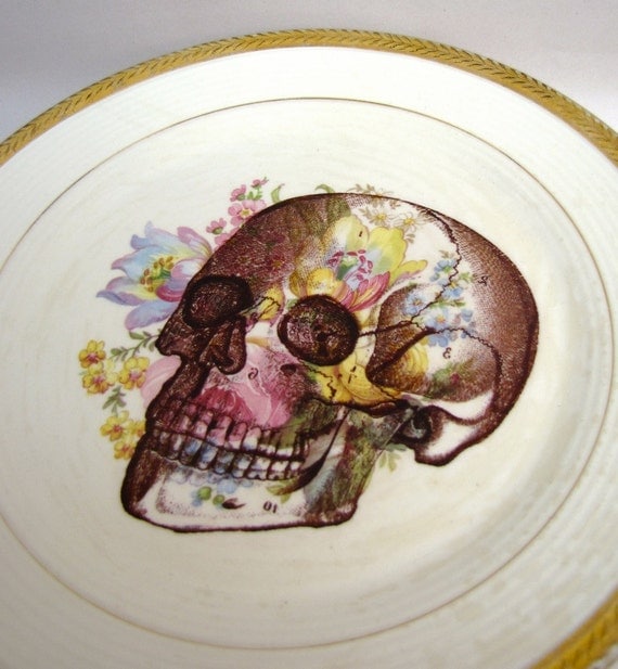 Skull Cake Plate Display Stand Floral Halloween home decor altered vintage dish