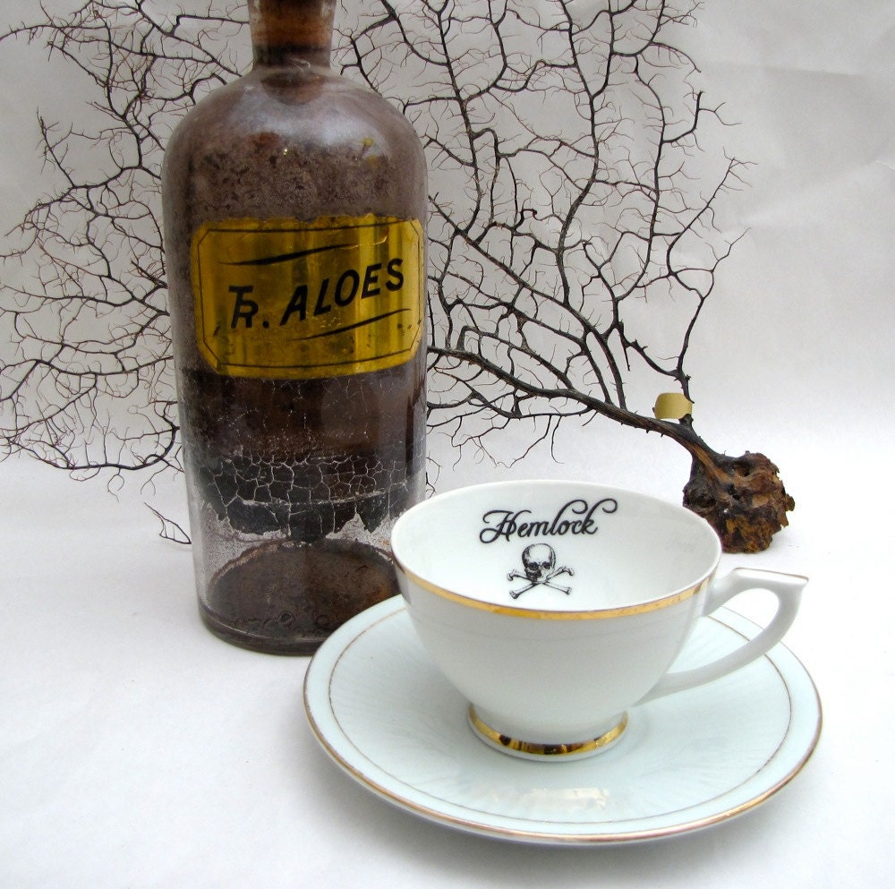 Gothic Poison tea cup and saucer Vintage altered plate Chase and Scout Hemlock
