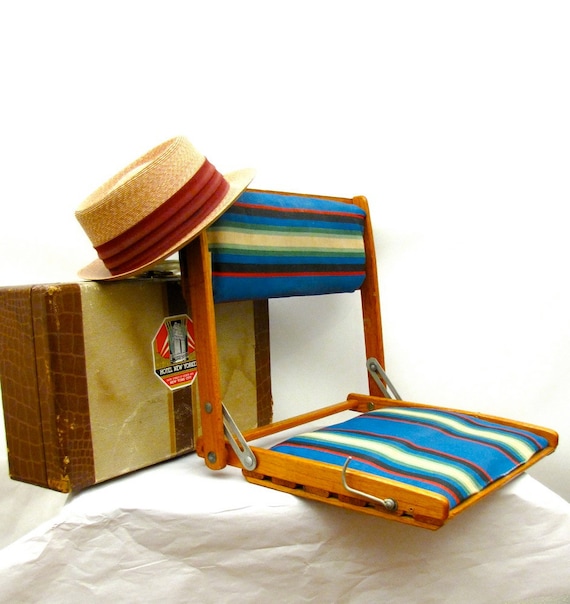 Summer Camp vintage folding oak and striped canvas portable travel chair Canoe Seat 1930s 40s