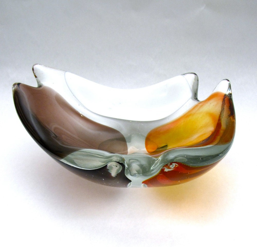 Vintage Murano Glass Dish violet tangerine white cased candy dish Mid Century Modernist design