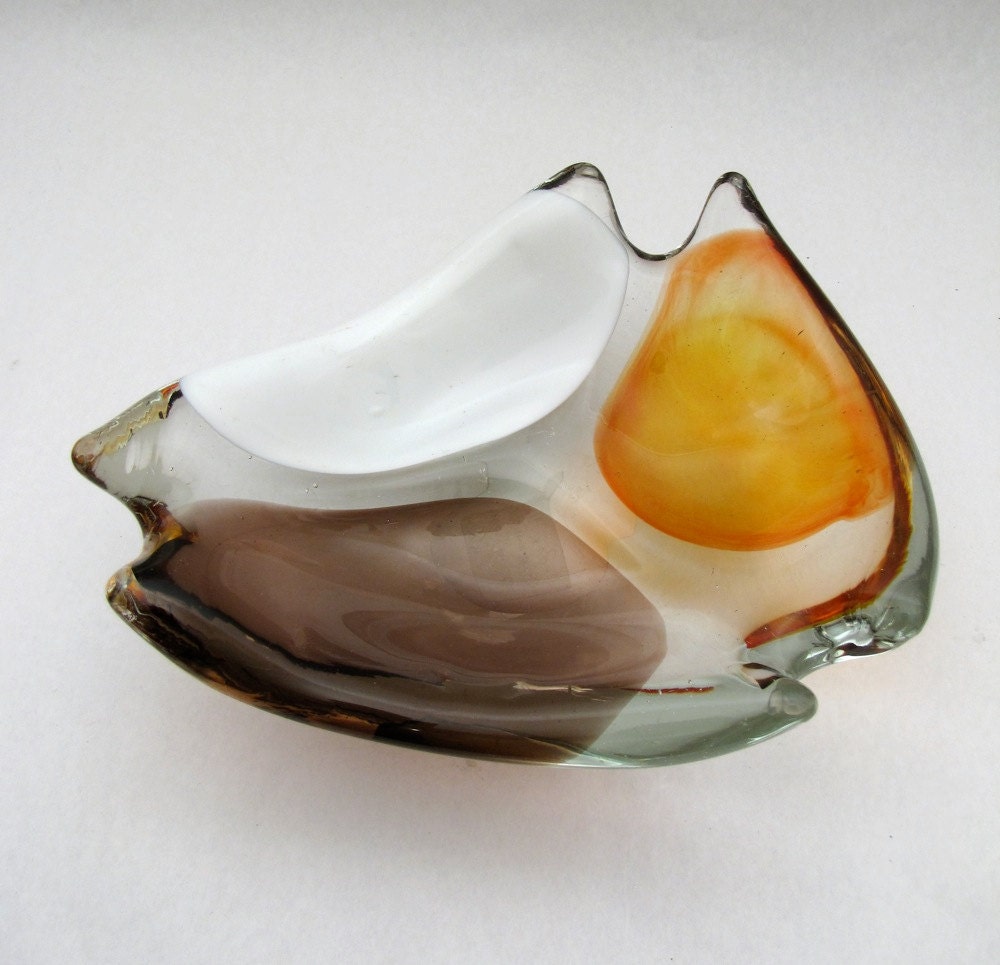 Vintage Murano Glass Dish violet tangerine white cased candy dish Mid Century Modernist design