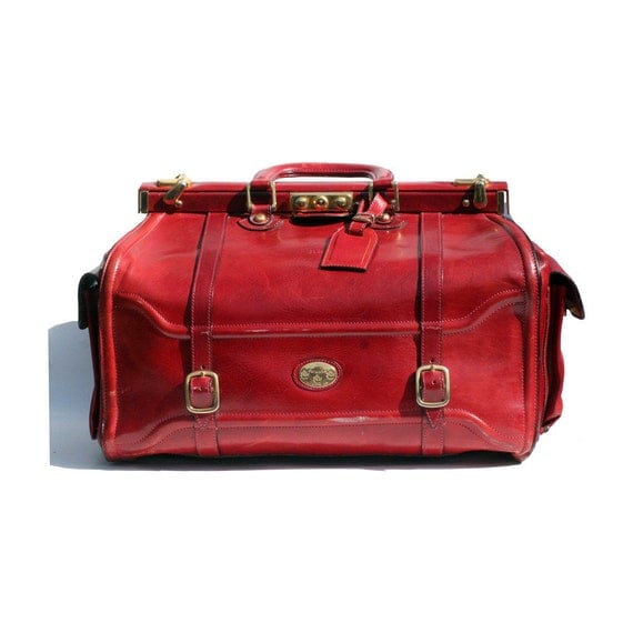 Italian leather candy apple red weekend travel bag