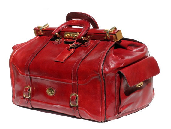 Italian leather candy apple red weekend travel bag