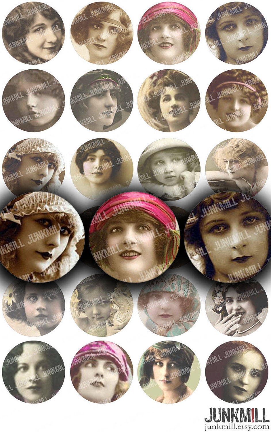 INGENUE - Digital Printable Collage Sheet - Antique Tinted Portraits of Vintage Flappers, Bohemian Gypsies, 1" Circle, Instant Download