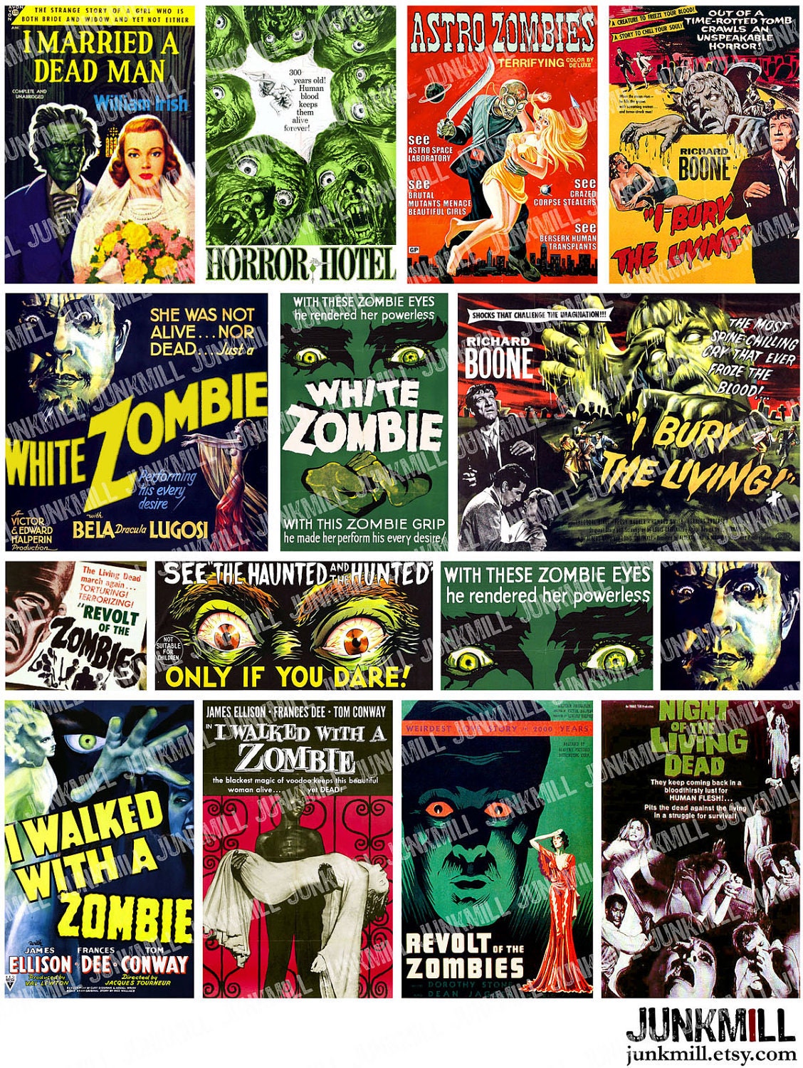 ZoMBiES - Digital Printable Collage Sheet - Cult Classic Horror Movie Posters, White Zombie, Dawn of the Dead, Halloween, Instant Download