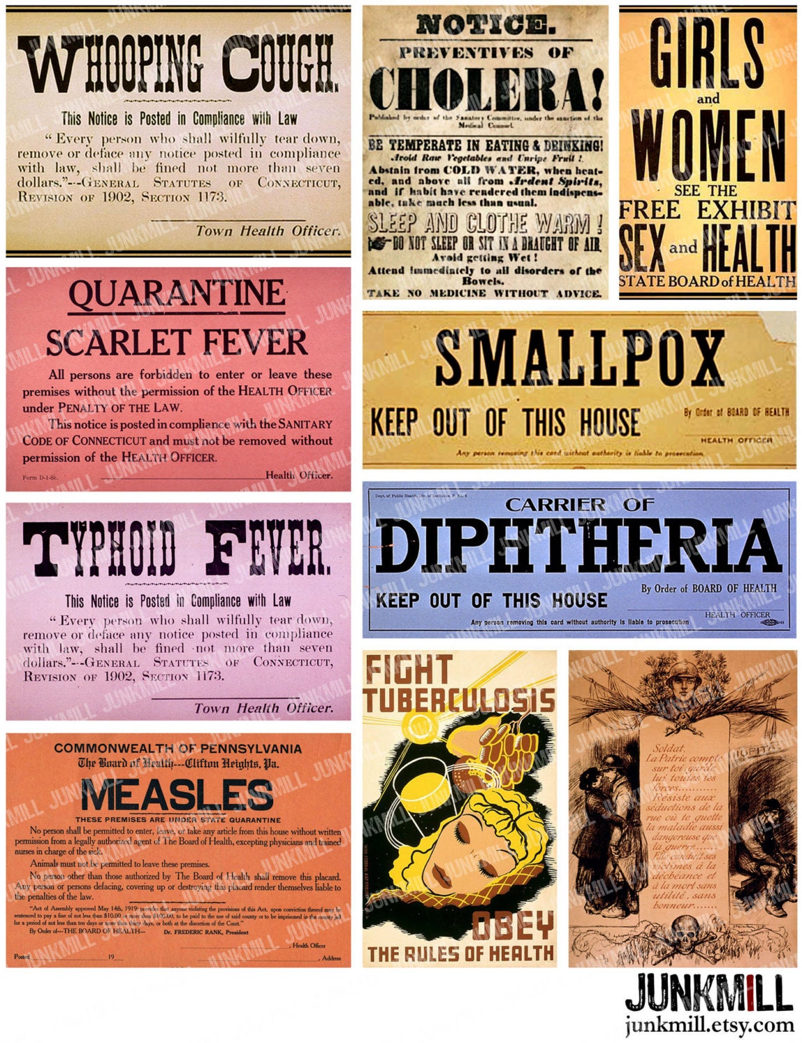 QUARANTINE - Collage Sheet - Vintage Medical Quarantine Posters, Virus Warning Labels, Keep Out Contagion, Disease Epidemic, Apothecary