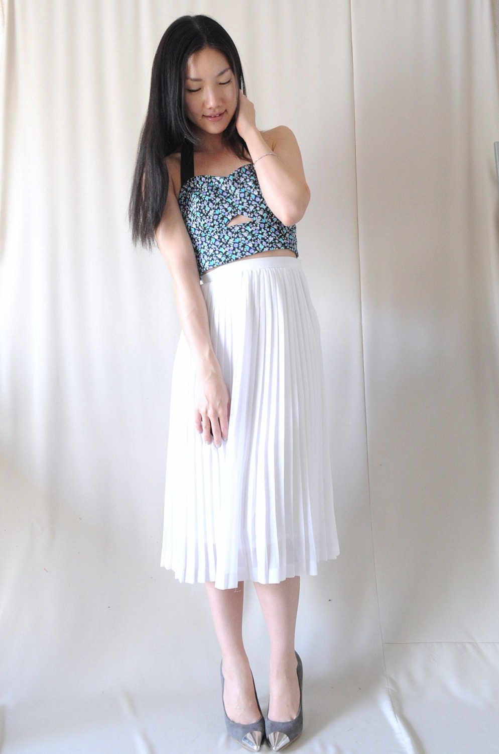 Blue Tiny Floral Cutout Bralet - Halter Neck - Peek-a-boo - Cropped Top - S
